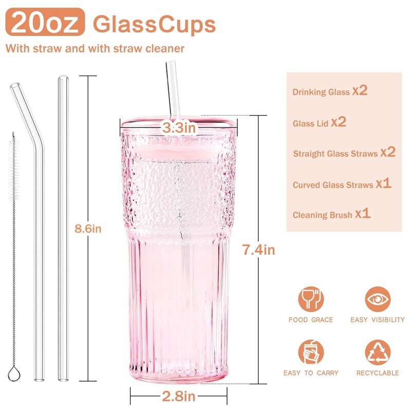GOSCHE Glass Coffee Cups with Lids and Straws, 20oz Drinking