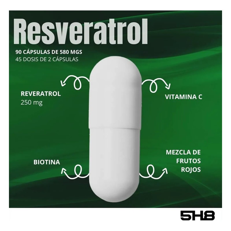 5h8 Resveratrol 90 Cáps Con 250 Mgs Frutos Rojos Con