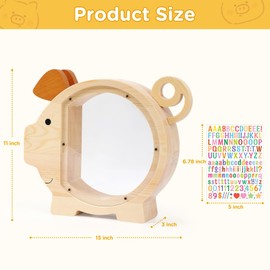 CEOTIS Wooden Money Bank for Kids - Cute Piggy Bank for Boys Girls,Creative Kids Money Saving Box with DIY Stickers Unbreakable Coin Bank,Clear Piggy Bank for Birthday Christmas Christening Gift（XL)