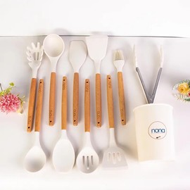 Kitchen Cooking Utensils Set, 12 PCS Nonstick Silicone Cooking Utensils, Wooden Handle Silicone Utensils, Non Toxic Kitchen Utensils