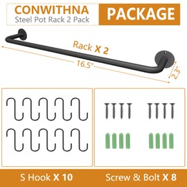 Black Steel-made Kitchen Utensil Rack Organizer Wall-mounted Pot Pan Wall Hanger Holder For Hanging Rail with 10 S Hooks