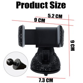 CGEAMDY Bling Autotelefonhalter, 360 Grad Drehung Glitzer Strass Dekoration Smartphone Handy Halter, Multifunktionaler Autotelefonhalter Für Frauen Und Mädchen (Schwarz)