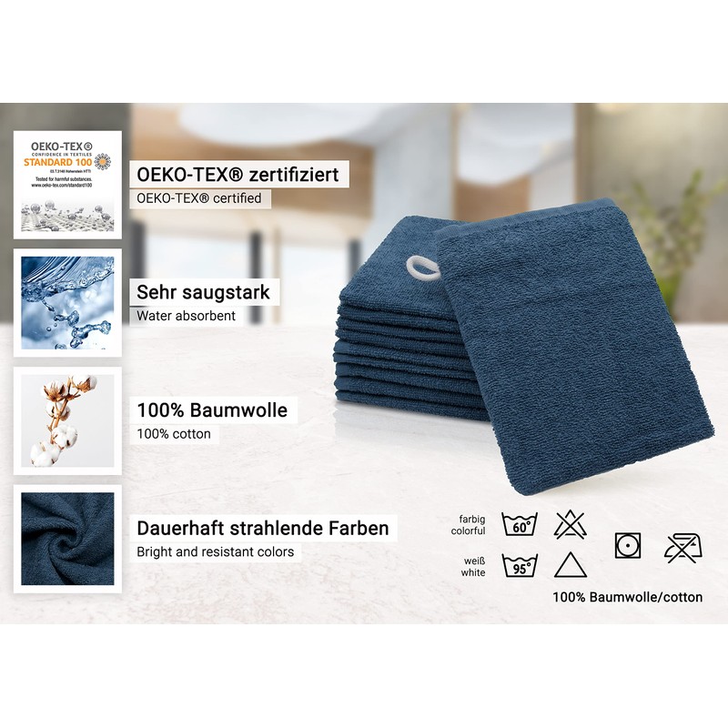 ZOLLNER 10er Set Waschhandschuhe, Waschlappen, 16x21 cm, Baumwolle, Marine