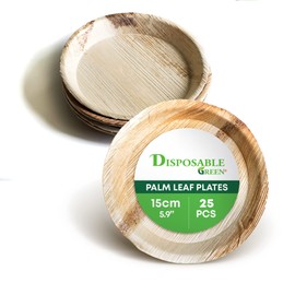 DISPOSABLE GREEN – Round Disposable Plates, Areca Leaf Serving Plates, Dinner Plates for Parties, Weddings, Catering, & More, Disposable Plates for Hot Food & Cold Food, 15 x 2cm, 25-Pcs