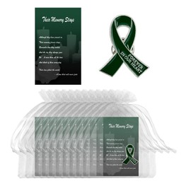 TSTZTE 60 Set Funeral Ribbon Pins Memorial Pin Forever in Our Hearts Lapel Pin Remembrance Brooch with Prayer Cards & Organza Bags (Green)