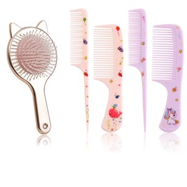 5 PCS Girls Hair Brush Set, Detangle Toddler Hair Brushs 4 Pcs Hair Styling Combs 1pcs Cute Wide Tooth Pocket Airbag Comb, Mini Massage Curl Brush for Baby Kids Straight Long Hair Wet Dry Hair
