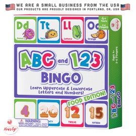Party Hearty Alphabet and Number, ABC and 123 Bingo Board Game for Kindergarten and Preschool Kids Learn to Read Fun 2 Versions for Ages 4 and Up (Food Edition)