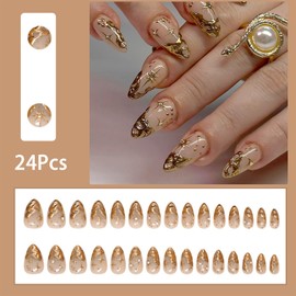 Gold French Tip Press on Nails Short Almond Fake Nails with 3D Gold Irregularity Chrome Design Gold French Line False Nails Full Cover Glue on Nails Glossy Artificial Nails for Women Girl Nail Decor