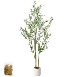 MCTYBB Artificial Fake Olive Tree 6FT Tall 1Pack with White Planter Faux Silk Olive Tree for Home Living Room Office Decor Faux Artificial Plants Indoor with Fruit & Free Moss