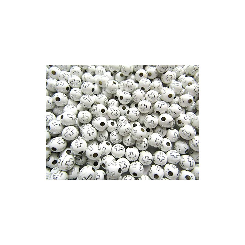 500pcs Silver Cross Acrylic Beads Round Beads 8mm White Craft