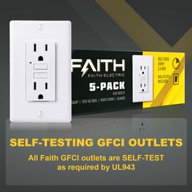 Faith [5-Pack] 15A GFCI Outlet, ETL Listed, GFI Duplex Receptacles with LED Indicator, Self-Test Ground Fault Circuit Interrupter with Wall Plate, White