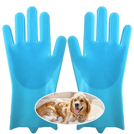 NVNAN Dog Bathing Gloves,Dog Washing Grooming Gloves for Bathing and Massaging,Silicone Gloves with Enhanced Five Finger Design,Blue