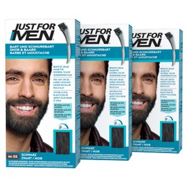 Just For Men Moustache and Beard, Beard Colour, Tint, Beard Colour, Eliminates Grey Hair for a Fuller Look, with Applicator Brush, Colour Black, M55 Pack of 3 (3 x 28.4 g)