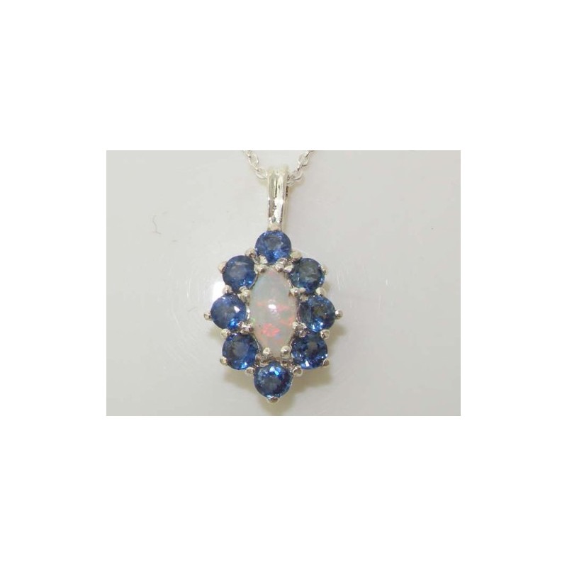 Ladies Solid 925 Sterling Silver Natural Opal & Blue Sapphire
