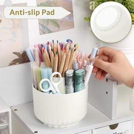 SKYDUE Desk Organiser, 360 Degree Pen Holder Rotatable, Pen Organiser with 5 Compartments, Pen Holder Desk for Office, School, Home (Cream White)