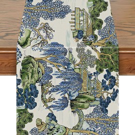 Snylcce 13 x 108 Inch Chinoiserie Vintage Table Runner – Elegant Mountain Spring & Summer Design for Farmhouse Kitchen & Dining Table Decoration – Perfect for Seasonal Home Parties