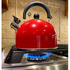 Deep Red 2.5 Quart Whistling Tea Kettle - Constructed from 18/8 Stainless Steel and Ergonomic Stay Cool Handle with One-Hand Pouring Mechanism
