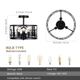CLARSYNE Rustic Black Semi Flush Mount Ceiling Light Fixture - 3-Light Metal Deer and Forest Design Lamp, Modern Industrial Farmhouse Chandelier for Kitchen, Bedroom, Hallway, Dining Room