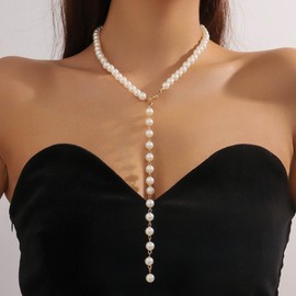 Yheakne Vintage Pearl Y Lariat Necklace Long Pearl Drop Y Necklace Pearls Bead Chain Necklace Pearls Y Pendant Necklaces Wedding White Bead Strand Necklaces Jewelry for Women