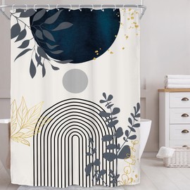 Riyidecor Extra Wide Boho Navy Blue Shower Curtain for Bathroom Decor 54Wx78H Short Plants Abstract Boho Modern Mid Century Art Printed Fabric Polyester Waterproof 12 Pack Plastic Hooks