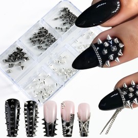 6 Grids Alloy Punk Nail Charms Mixed Sizes Silver Black Cone Spikes Nail Art Studs Mini Metal Nail Rhinestones Flat Back Jewelry for Women DIY Crafts Goth Manicure Decorations Accessories