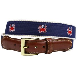 COUNTRY CLUB PREP Feeling Crabby Leather Tab Belt in Navy on White Canvas