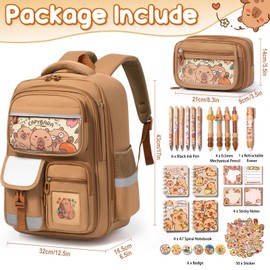 Fimibuke Kids Backpack for School Girls, 28PCS Capybara Toddler School Supplies Stationery Set with Bookbag Pencil Case Badges Pens Pencils Notebooks Sticky Notes for Kindergarten Elementary Student