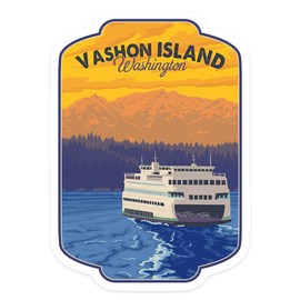 Die Cut Sticker Vashon Island, Washington, Ferry and Mountains, Contour Vinyl Sticker 1 to 3 inches (Waterproof Decal for Cars, Water Bottles, Laptops, Coolers), Small