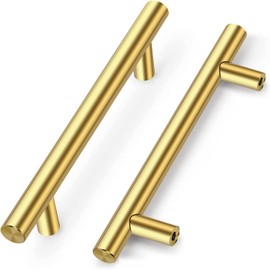 Drenky Pack of 2 Golden Stainless Steel Door Knobs, Furniture Handle with Screw Hole Spacing 128mm for Drawer, Cabinet, Furniture, Kitchen, Home Decoration