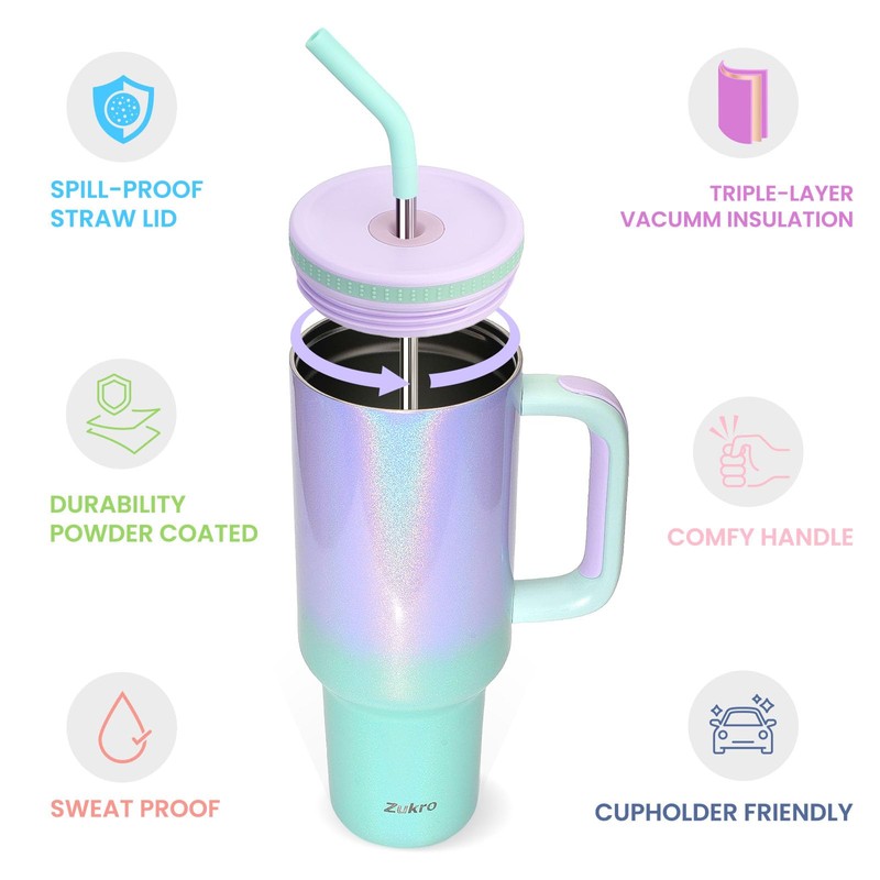 Zukro 40 oz Tumbler with Handle and Straw, Spill Proof