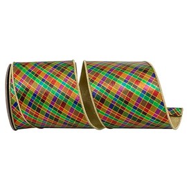 Reliant Ribbon Plaid Jewel Tone Deluxe Metallic Backed Wired Edge Ribbon, Multi