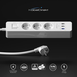 KabelDirekt 3-Way Power Strip & Multiple Socket (USB, Quick Charge 3.0, Quick Charger, Charges up to 3 x Faster, Surge / Touch Protection, TÜV Approved, White)
