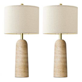 BOBOMOMO 27.25" Modern Table Lamp Set of 2, Warm Beige Resin Lamp with Natural Stone Look, Lamps for Living Room with Linen Shades, Bedside Lamp for Bedroom, Living Room, Nightstand, Entryway