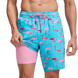 maamgic Mens Swim Trunks with Compression Liner 9 Inch Stretch Quick Dry Swim Shorts with Zipper Pockets Swimwear Blue Flamingo Large