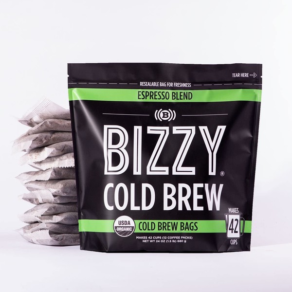Bizzy Organic Cold Brew Coffee | Espresso Blend | Coarse Ground Coffee | Medium-Dark Roast | Micro Sifted | Specialty Grade | 100% Arabica | Brew Bags | 12 Count | Makes 42 Cups