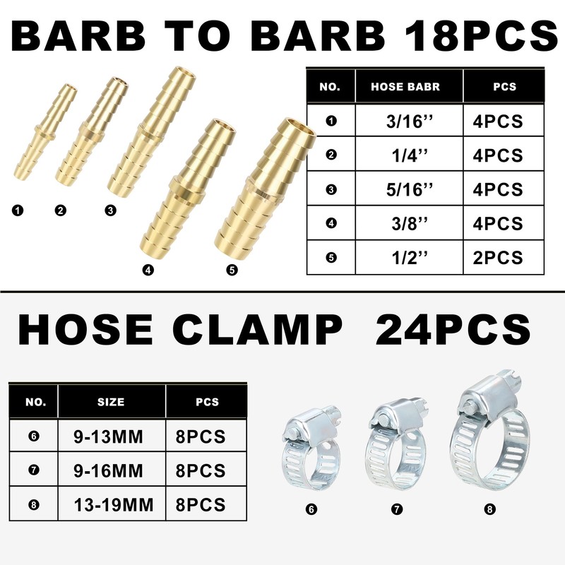 84PCS Brass Hose Barb Fittings, Air Hose Repair Kit, 1/8’’