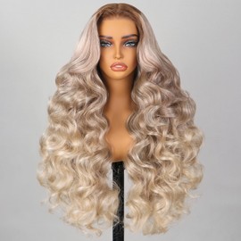 TESLAL Ash Blonde Wig Wear and Go Glueless Human Hair Blend Wig Pre Plucked Pre Cut Lace 6X6 Body Wave Ombre Blonde Hair Synthetic Human Hair Blend By Crafted Technology 22Inch 260% Density