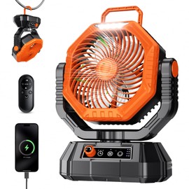 AJVV Camping Fan Rechargeable, Battery Powered Fan With Remote Controller, LED Light, Dual-Blade, Stepless Speed, 45°/90°/270° Swing,Timer, Portable fan For Travel Tent Bedroom Beach Fishing, Orange