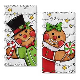 Seliem Merry Christmas Gingerbread Man Kitchen Dish Towels Set of 2, Xmas Peppermint Candy Holly Berry Bow Hand Towels Drying Baking Cooking Cloth, Stars Winter Holiday Home Kitchen Decor 18 x 26 Inch