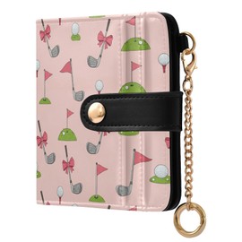 DOMIKING Pink Golf Bow Pattern Wallet for Women Bifold PU Leather Credit Card Holder with ID Window Thin Wallet Coin Purse for Female Lady
