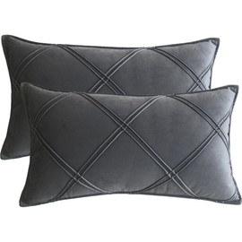 Lutanky Dark Grey Velvet Cushion Covers Decorative Rectangle Throw Pillow Covers Checked Design Elegant Pillowcases for Sofa Bed Living Room 12x20 Inch 30 x 50 cm Set of 2