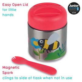 TUM TUM Kids Food Flask with Magnetic Spork & Easy Open Lid, Insulated Food Jar, 300ml, Bugs