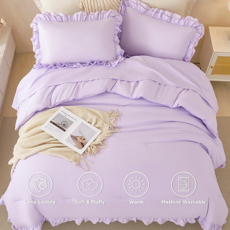 PERFEMET Lavender Ruffled Full Comforter Set Purple Ruffle Comforter Shabby