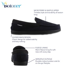 isotoner Men's Microterry and Waffle Travis Moccasin Slippers with Memory Foam Insole and Durable Rubber Outsole, Navy Blue, 9.5-10.5
