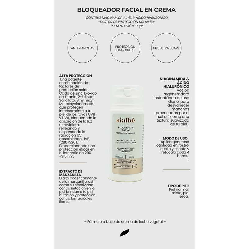 Sialbé Bloqueador Solar Facial- Bloqueador Solar Facial, Sunscreen, Protector Solar