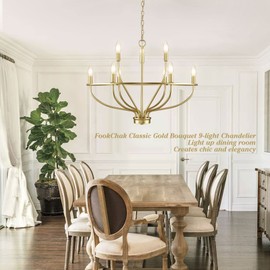 FookChak 9-Light Gold Light Fixture Vintage Candle Chandelier Lighting Brass Dining Room Chandelier Over Table for Living Room Foyer Kitchen Island Bedroom, 28.54in, E12