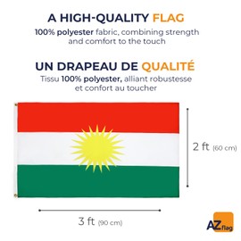 AZ FLAG - Kurdistan Flag - 90x60 Cm - 100D Polyester Curdistan Banner With Two Metal Grommets - Fade Resistant - Vivid Colors - 2' x 3' Feet - 2x3 Ft