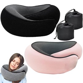 RURING Travel Pillows for Airplanes, Travel Neck Pillow Travel Pillow, Neck Pillow Airplane Memory Foam 360 Degree Support Stowable Pillows for Airplanes Offices and Cars 2PCS (Pink + Black)