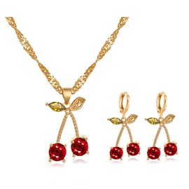 Pingyongchang Unique Chic Charm Sparkly Red Crystals Cherry Statement Earrings Necklace Sets Green Leaf Red Rhinestones Fruit Cherry Dangle Earrings for Women Jewelry Gifts-Jewelry Set