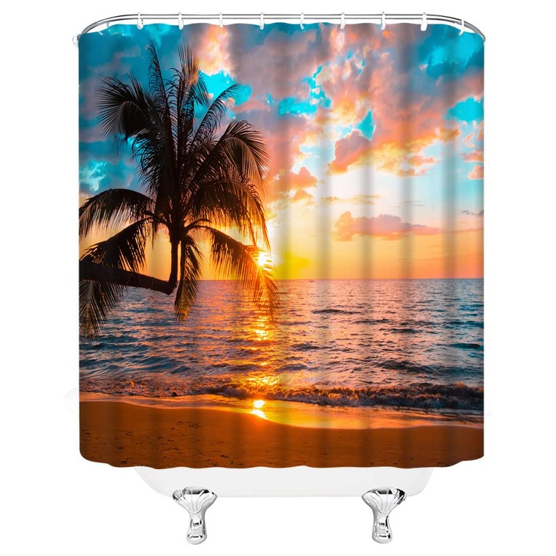 ZKJSMGS Ocean Beach Shower Curtain Plam Tree Sunset Sea Wave